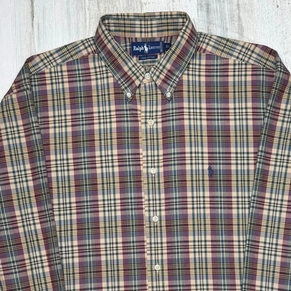 Vintage Polo Ralph Lauren Mens Long Sleeve Button Down Shirt Sz XL Plaid Cotton